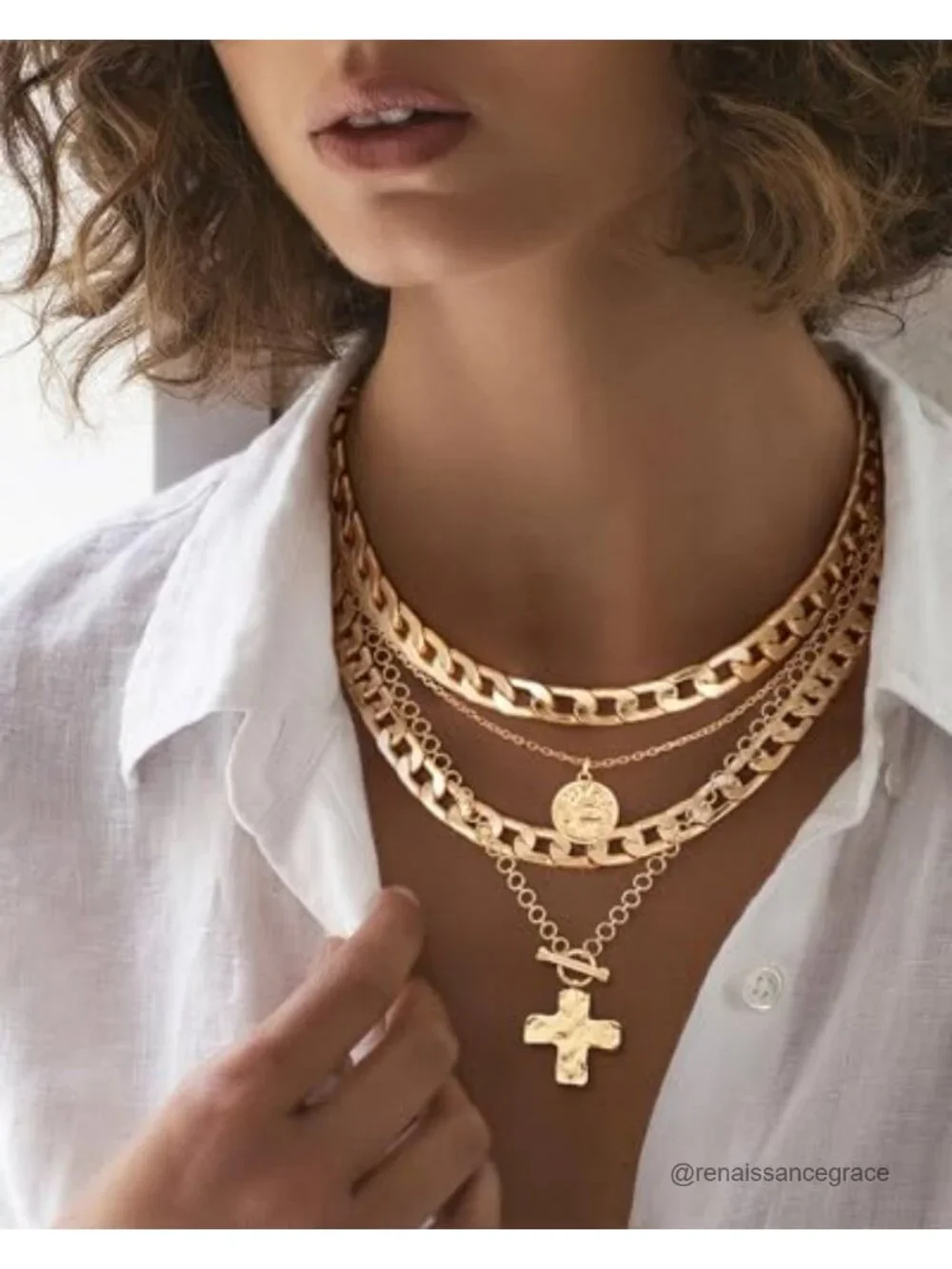 Layered Necklaces for Women Coin Cross Pendant Chunky Chain